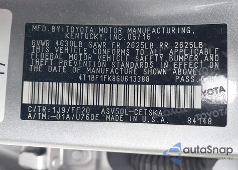 2016 Toyota Camry Se z USA, uszkodzony, nr VIN 4T1BF1FK8GU613388